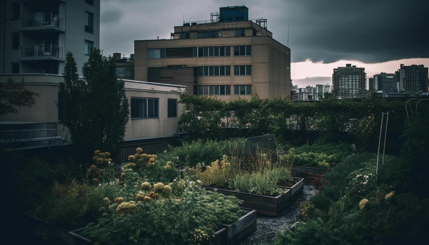 oud wolkenkrabber verlichte Bij schemering, modern stad leven verdwijnen in natuur gegenereerd door ai foto