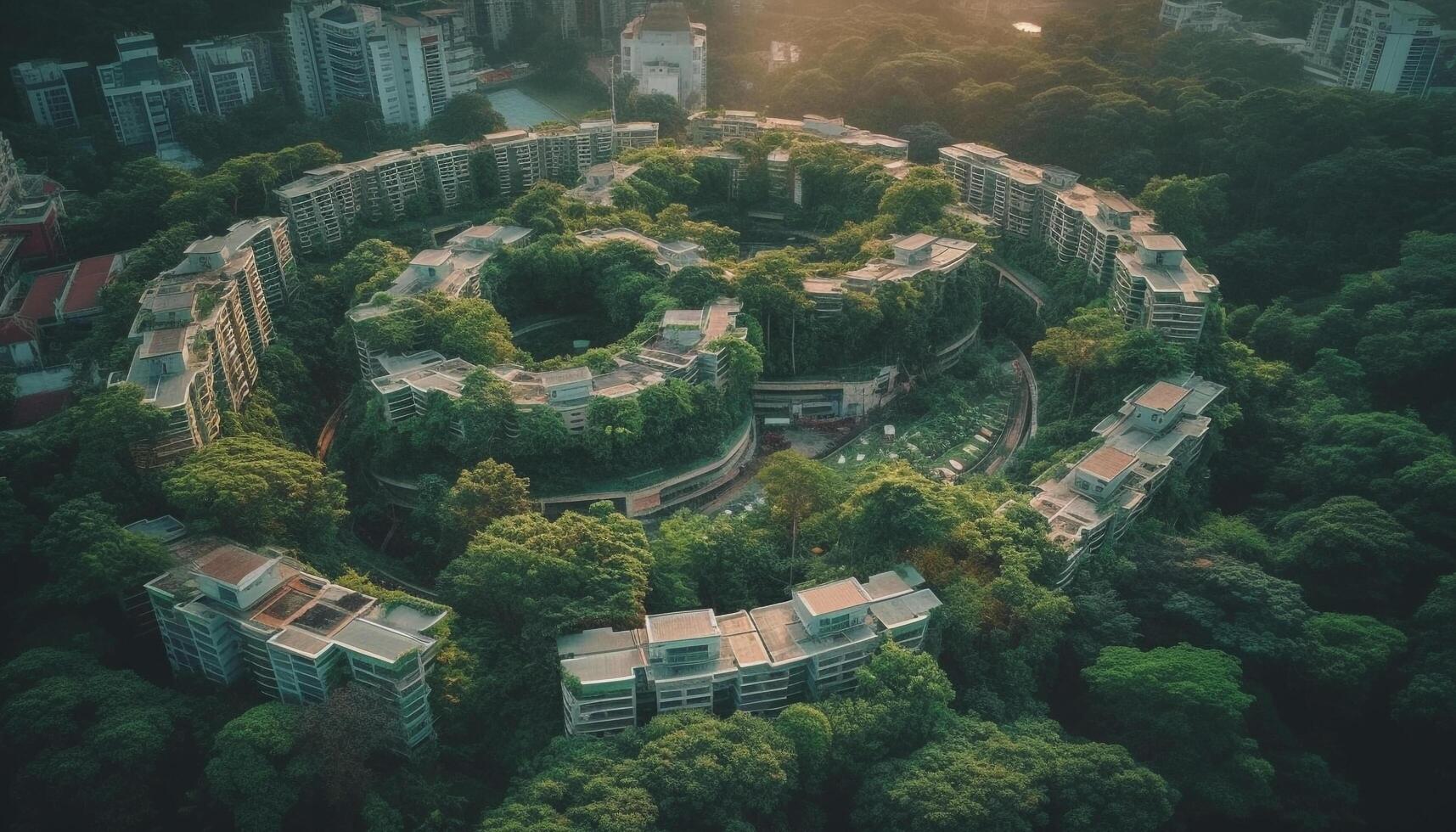 panoramisch antenne visie van financieel wijk wolkenkrabbers Bij schemer gegenereerd door ai foto