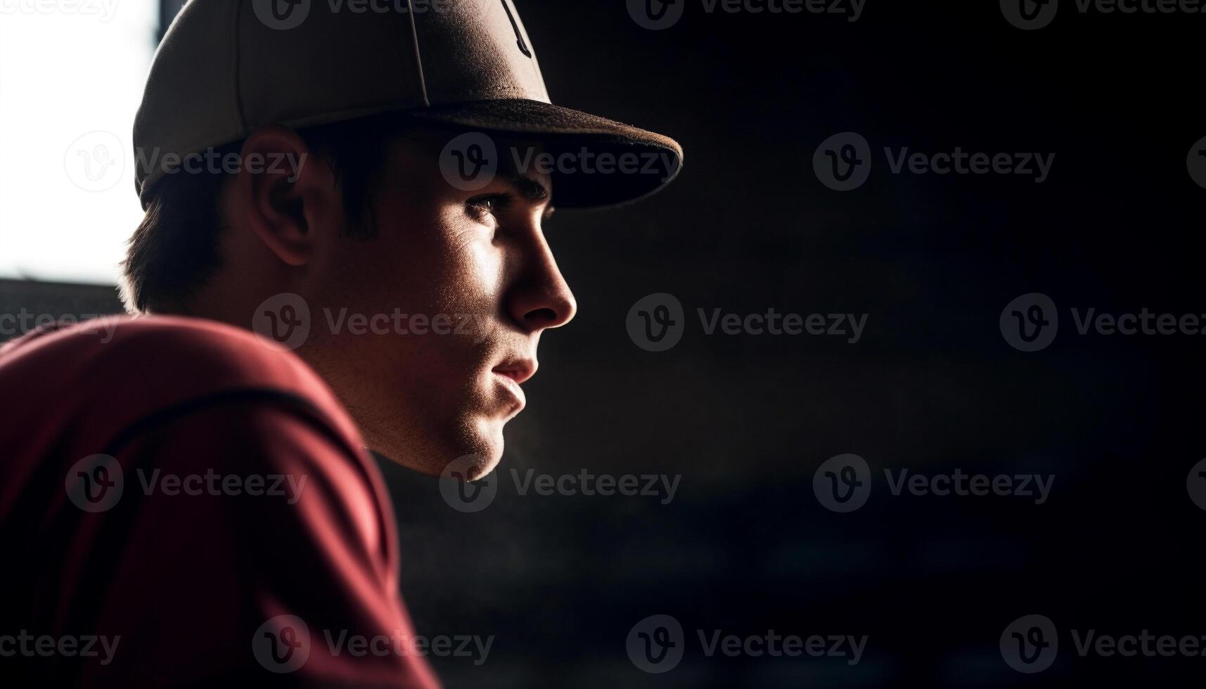 zelfverzekerd jong atleet in gewoontjes pet, echt en vastbesloten buitenshuis gegenereerd door ai foto