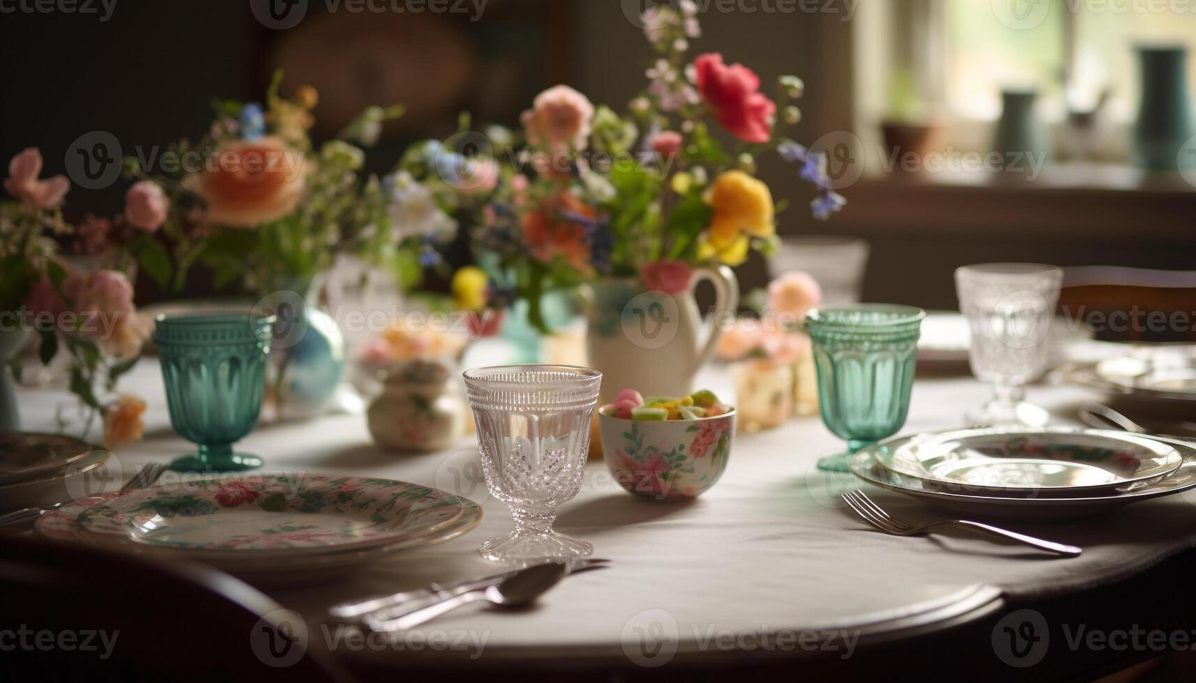 elegant tafel arrangement met vers bloemen, zilverwerk, en multi gekleurde borden gegenereerd door ai foto