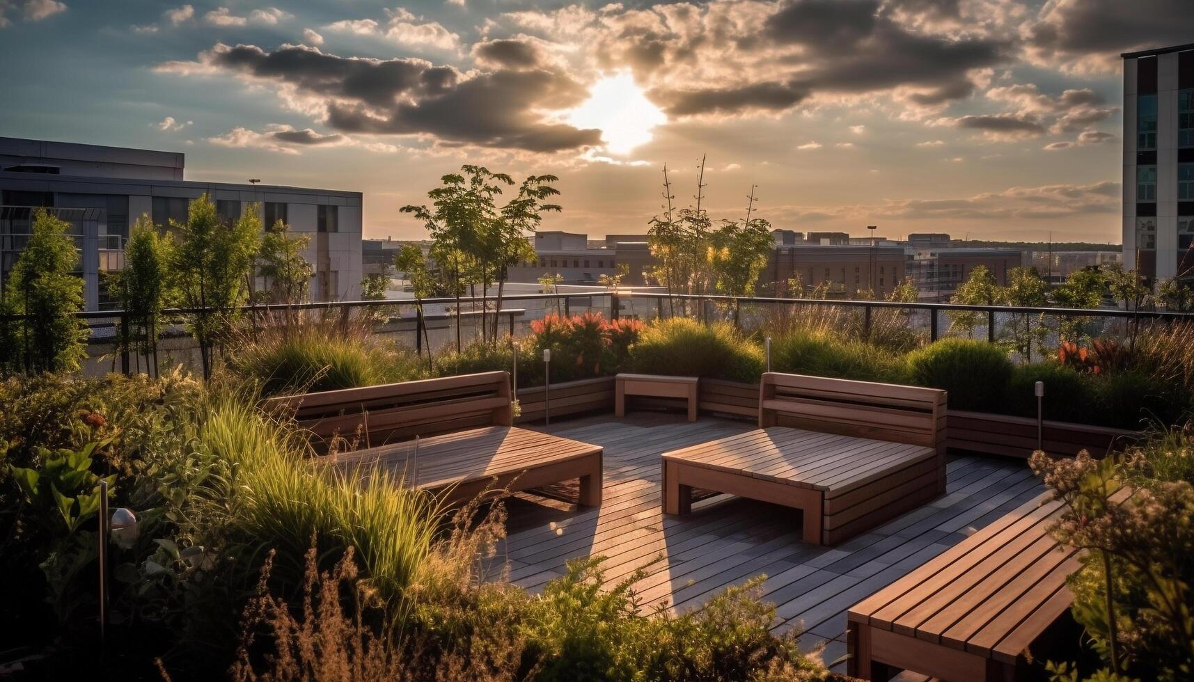 modern architectuur voldoet aan natuur in stadsgezicht met zonsondergang reflectie gegenereerd door ai foto