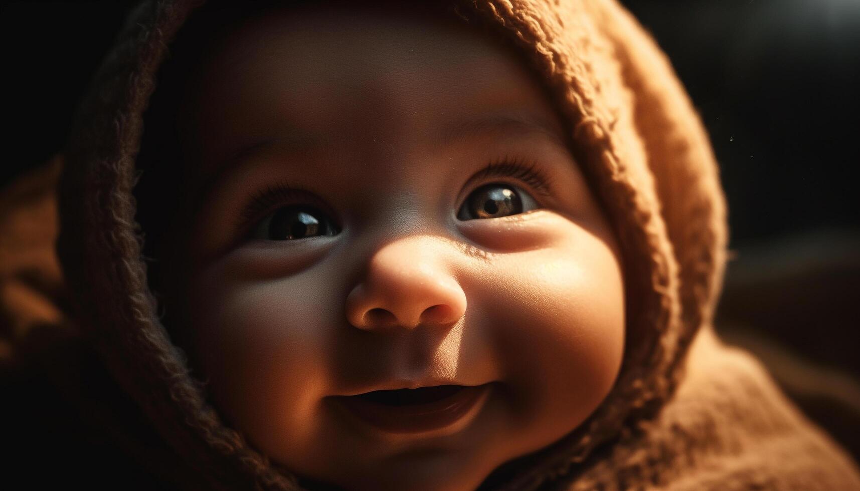 glimlachen baby jongen, onschuld en vreugde gevangen genomen in hoofdschot portret gegenereerd door ai foto
