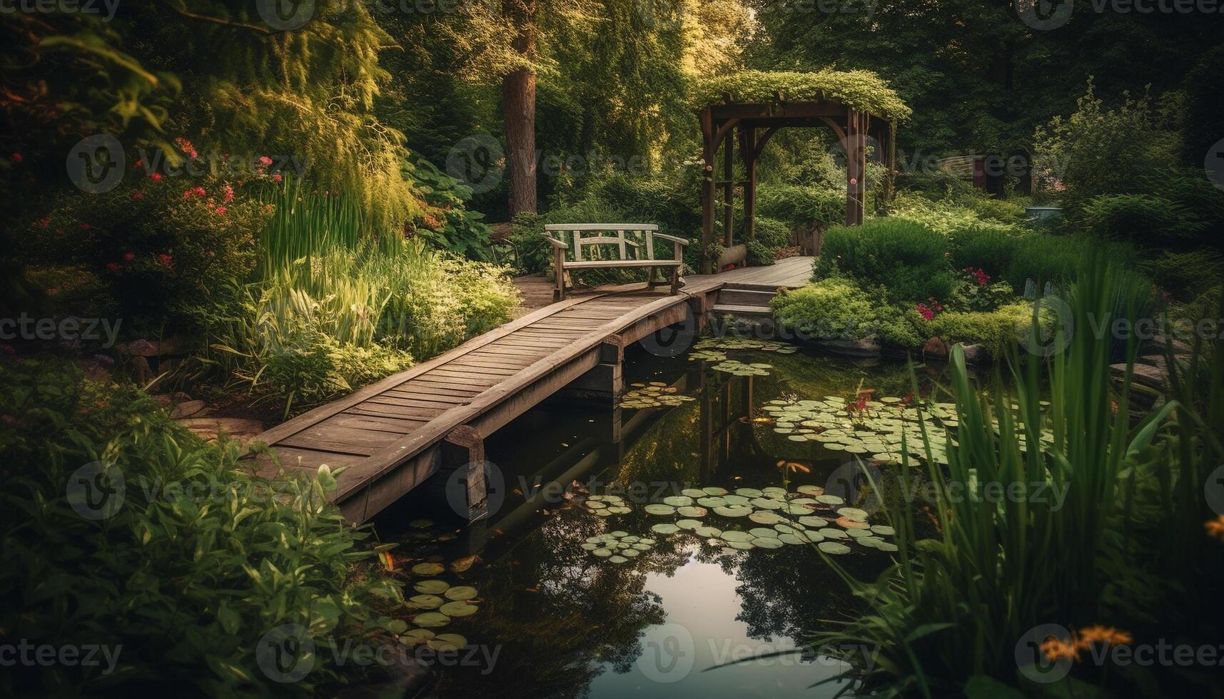 rustig tafereel van een vijver in een formeel tuin gegenereerd door ai foto