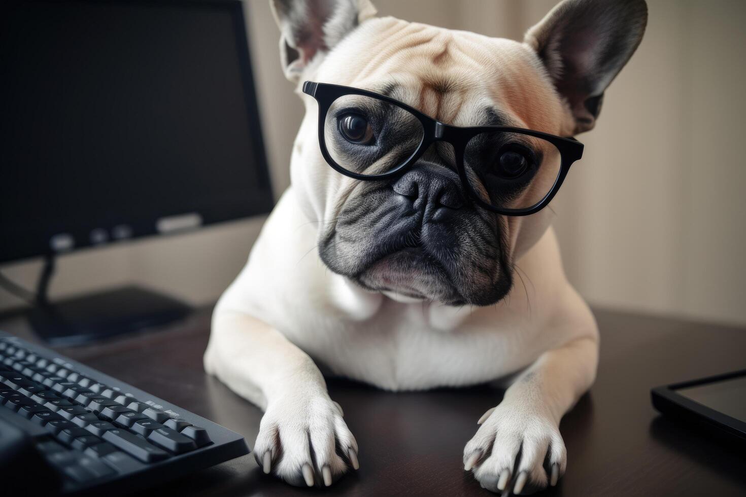 schattig Frans bulldog met bril en computer Bij huis ai gegenereerd foto