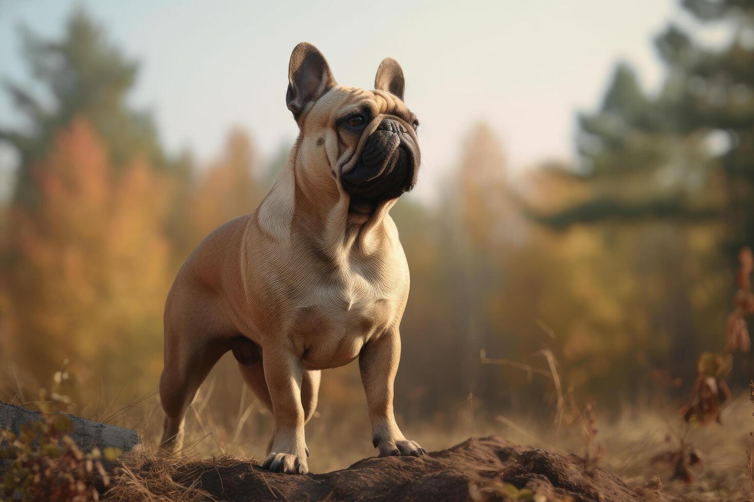 Frans bulldog staand in de herfst veld. selectief focus. ai gegenereerd foto