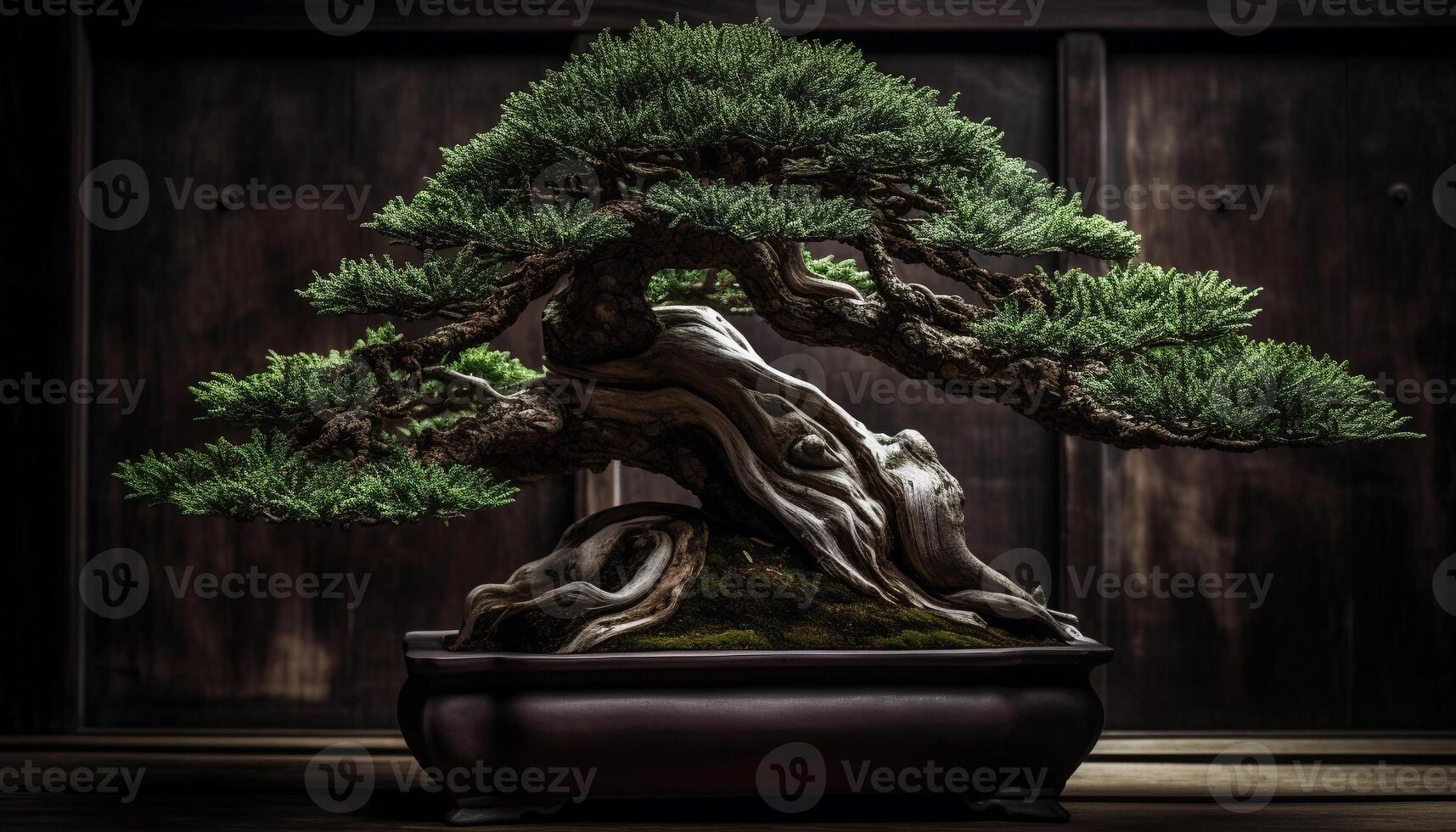oude Japans standbeeld in voorkant van ingemaakt pijnboom boom gegenereerd door ai foto