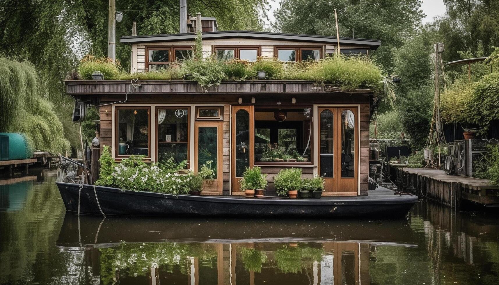 nautische vaartuig reist door rustig kanaal omringd door groen natuur gegenereerd door ai foto