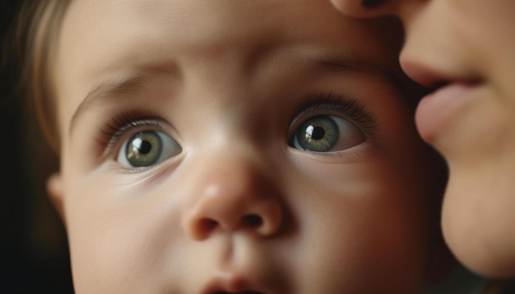aanbiddelijk baby jongen op zoek omhoog met onschuldig blauw ogen en liefde gegenereerd door ai foto