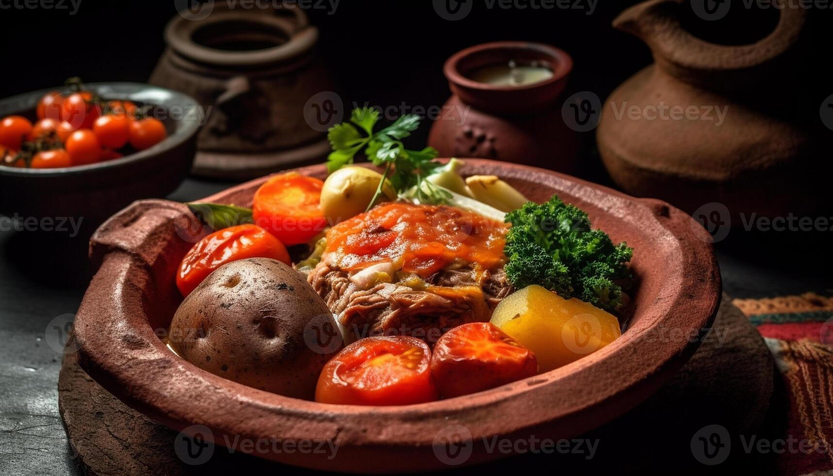 vers tomaat salade met biologisch kruiden Aan rustiek houten bord gegenereerd door ai foto