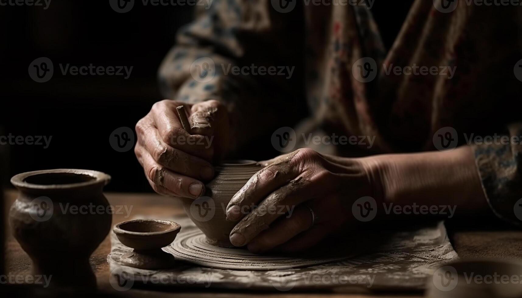 vakman draaien klei Aan pottenbakkerij wiel, creëren eigengemaakt vaas gegenereerd door ai foto