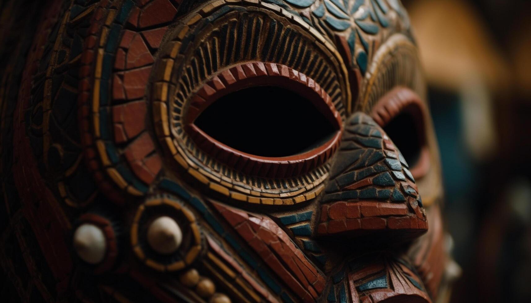 oude Afrikaanse masker overladen decoratie, multi gekleurde patroon, veer souvenir gegenereerd door ai foto