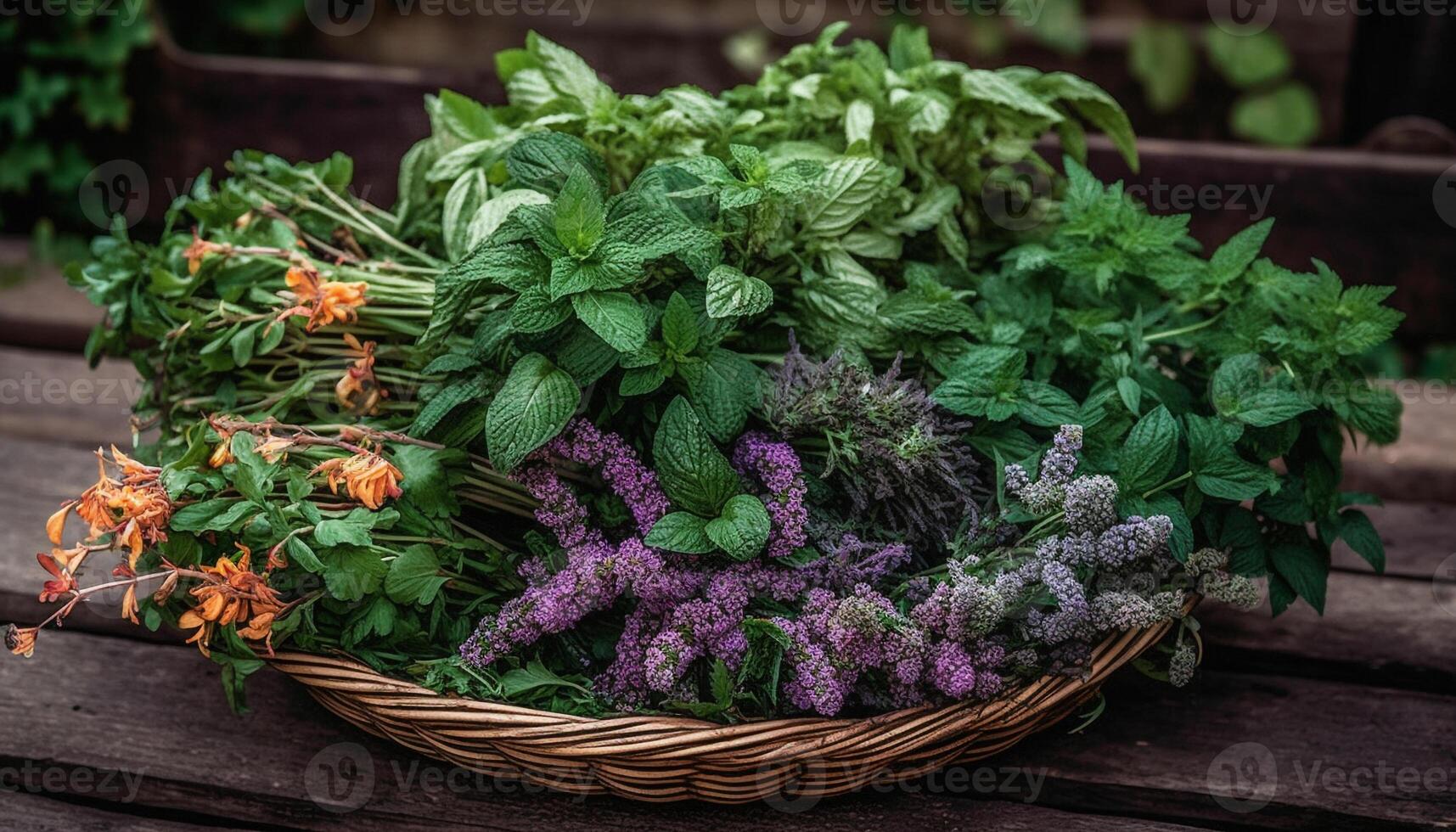 bundel van hortensia's in een rustiek mand, perfect geschenk arrangement gegenereerd door ai foto