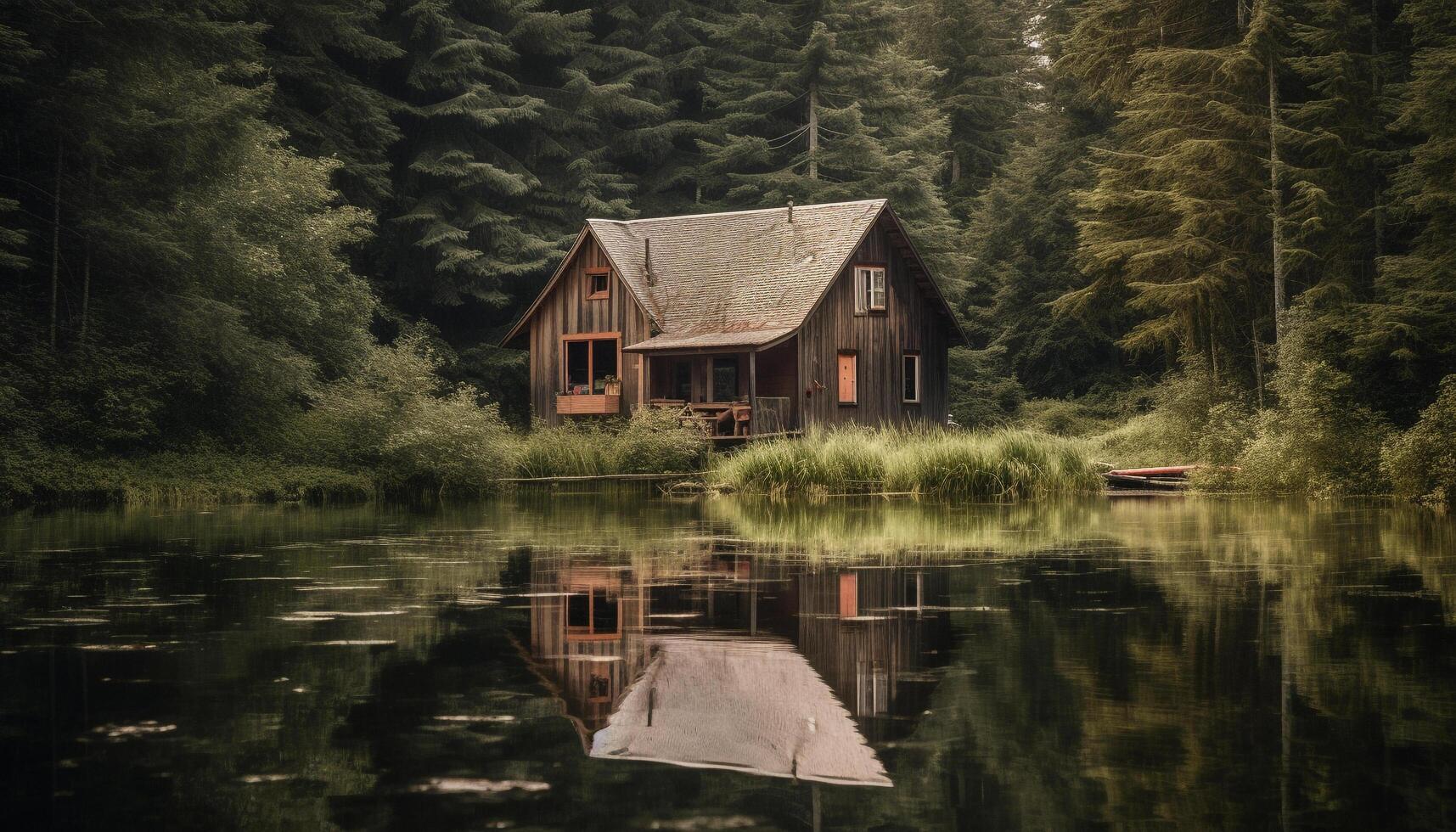 rustiek log cabine genesteld in rustig berg landschap door vijver gegenereerd door ai foto
