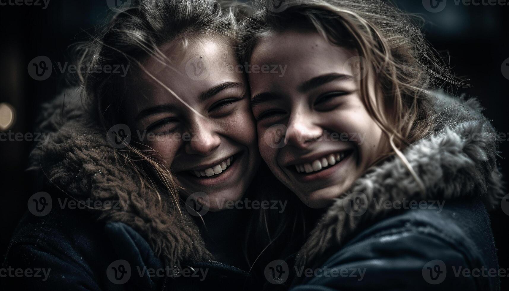 twee jong Dames omhelzing in herfst, glimlachen met toothy vreugde gegenereerd door ai foto