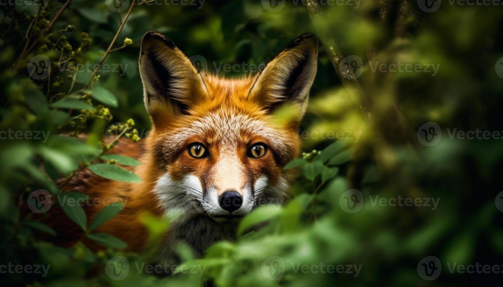 pluizig rood vos, alarm en op zoek Bij camera in Woud gegenereerd door ai foto