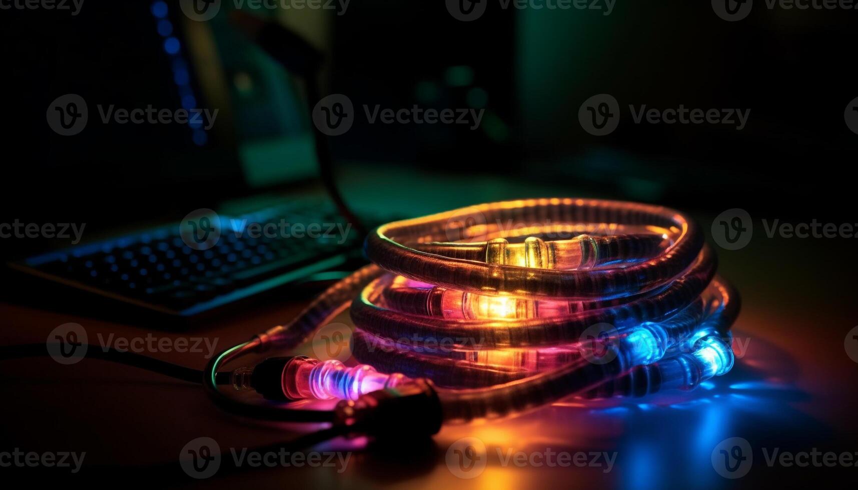 gloeiend blauw computer uitrusting verlicht donker nachtclub voor doeltreffend communicatie gegenereerd door ai foto