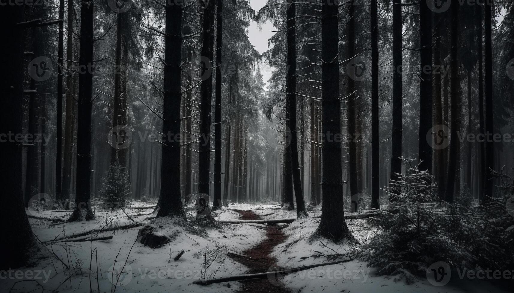 rustig tafereel van naald- bomen in winter, schoonheid in natuur gegenereerd door ai foto