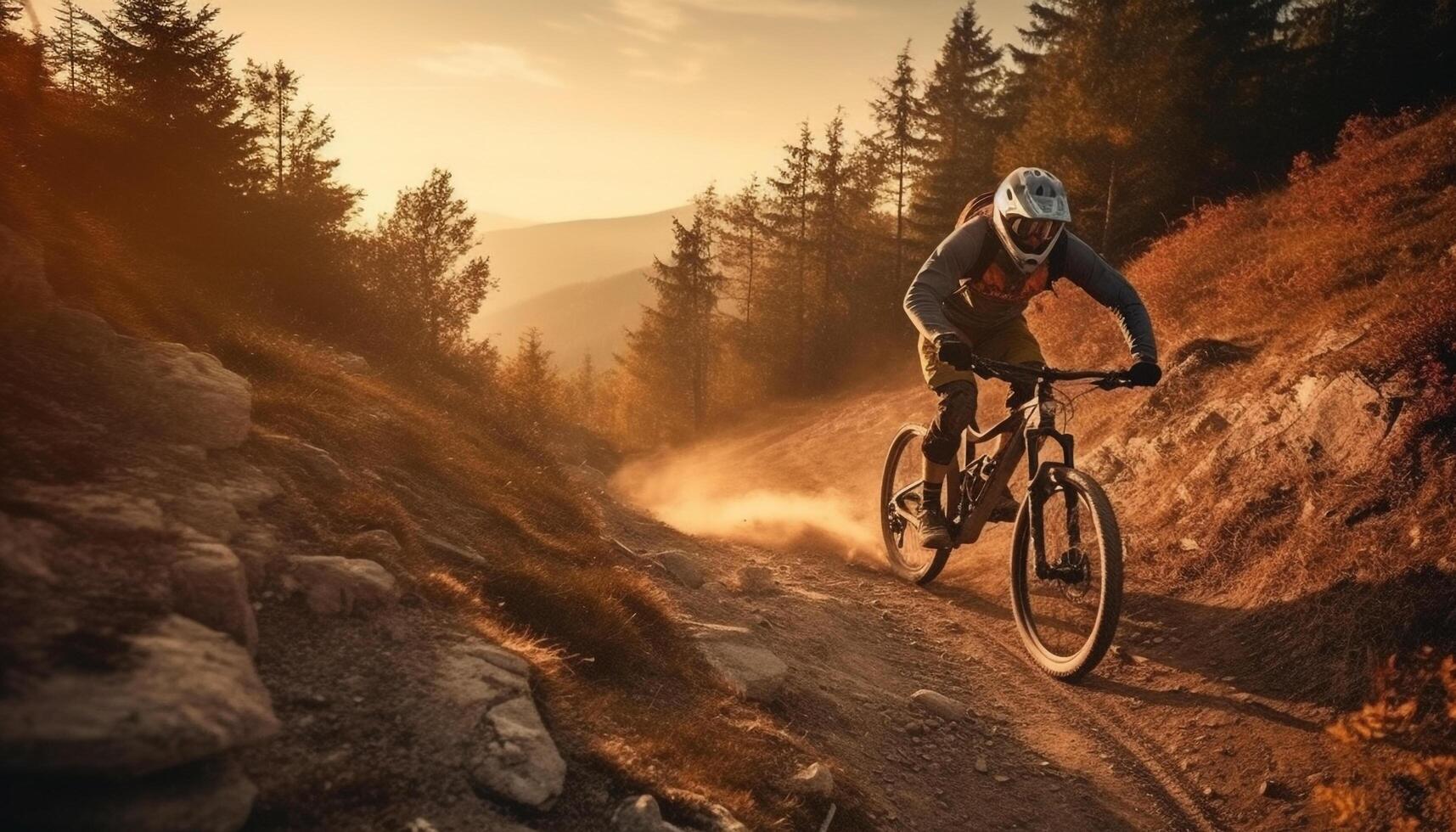 berg fietser snelheden naar beneden extreem terrein in zonsondergang avontuur gegenereerd door ai foto