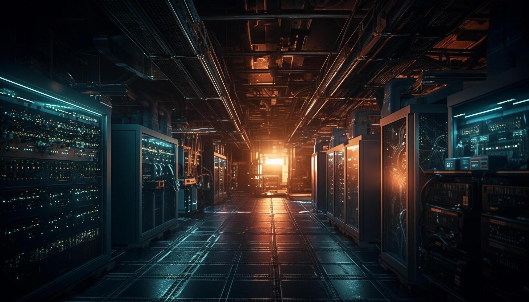 futuristische computer netwerk in donker magazijn verlicht modern architectuur gegenereerd door ai foto