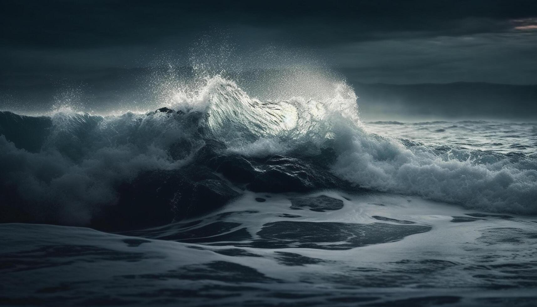 breken golven verstuiven en Botsing Aan donker kustlijn, ontzag inspirerend schoonheid gegenereerd door ai foto