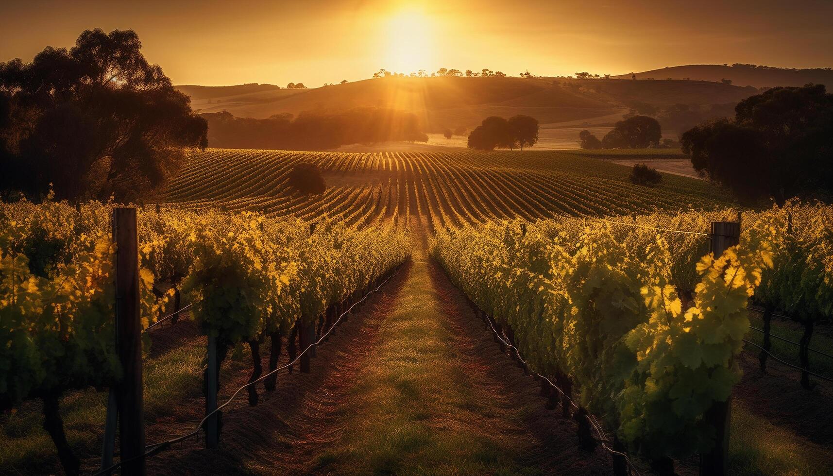 idyllisch wijngaard in napa vallei, oogsten fruit in rijen gegenereerd door ai foto