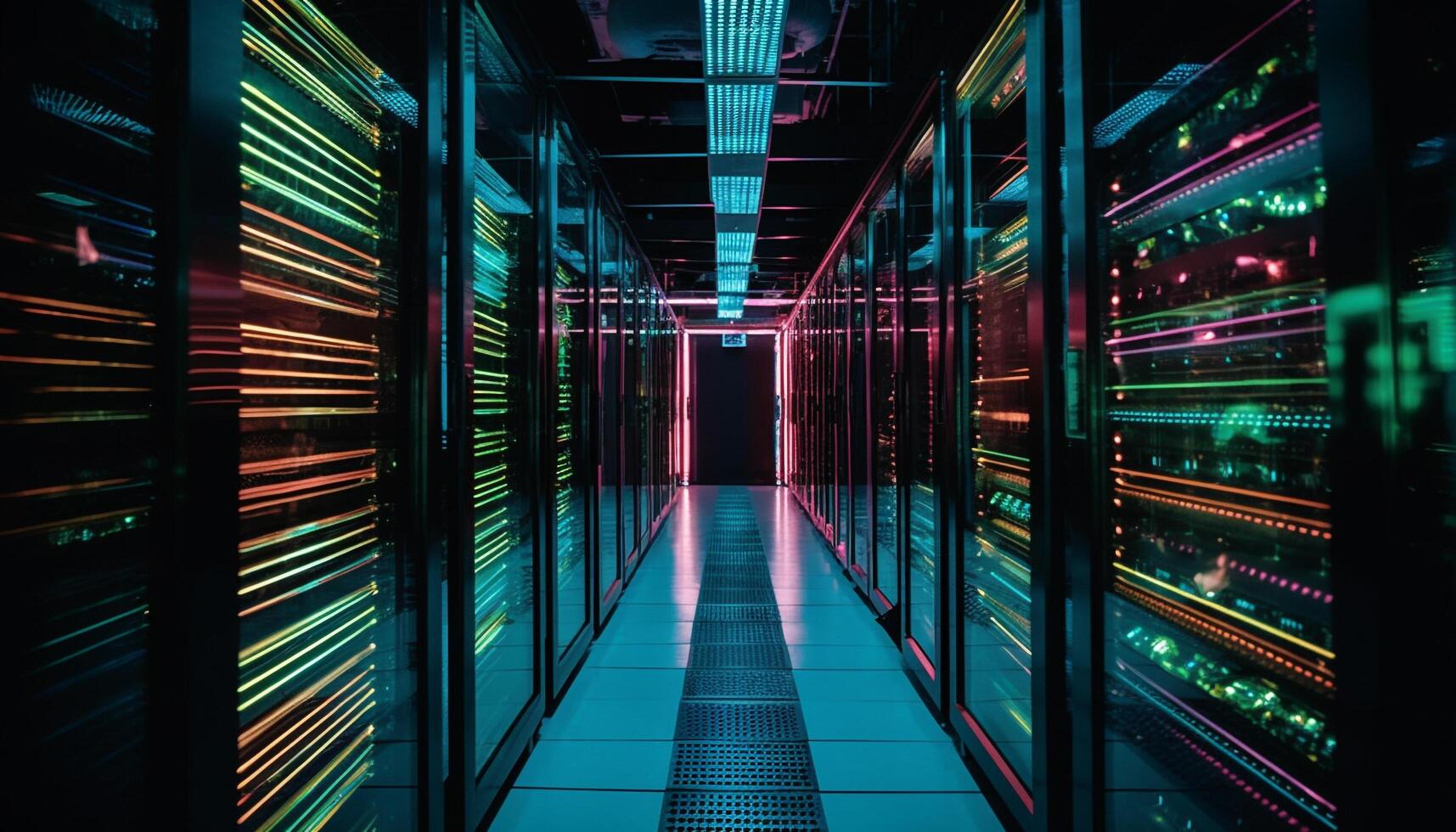 futuristische computer uitrusting gloeit in donker, verbonden door netwerk server gegenereerd door ai foto