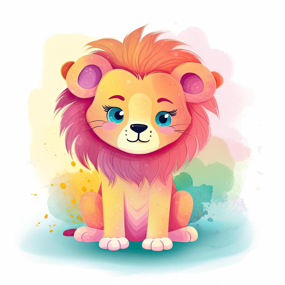 baby leeuw spelen bundel illustratie. tekenfilm leeuw zittend en lachend. speels baby leeuw reeks met kleur spatten. baby leeuw met kleurrijk vacht zittend illustratie. generatief ai. foto