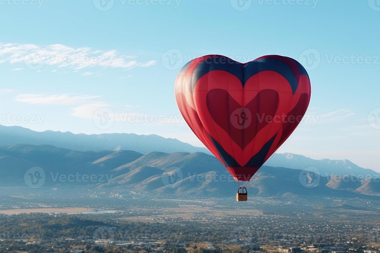 hart vormig heet lucht ballon met onherkenbaar mensen in de lucht, ai gegenereerd foto