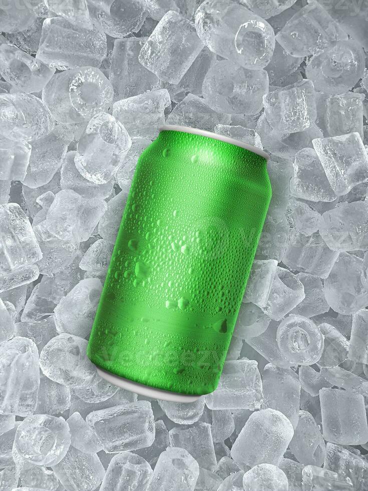 groen aluminium kan met water druppels, ijs kubus van sappig. zomer verfrissend drinken foto