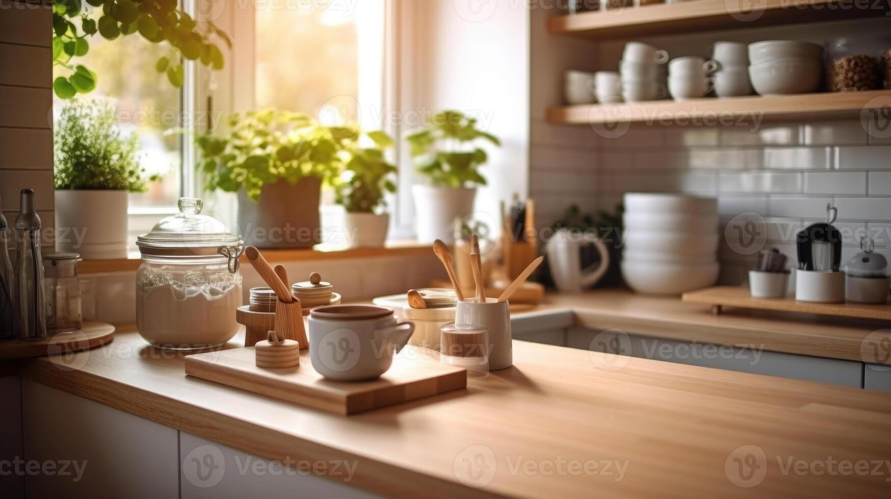 keuken houten tafel top met ontbijt Bij ochtend- tijd. generatief ai foto