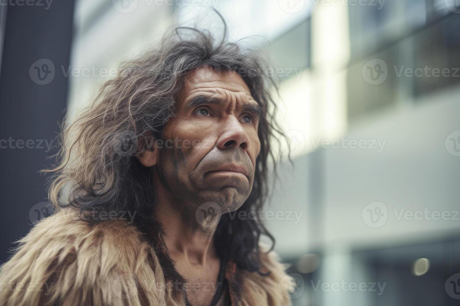 portret van prehistorisch Mens Bij stad straat in Cadeau tijd. generatief ai foto