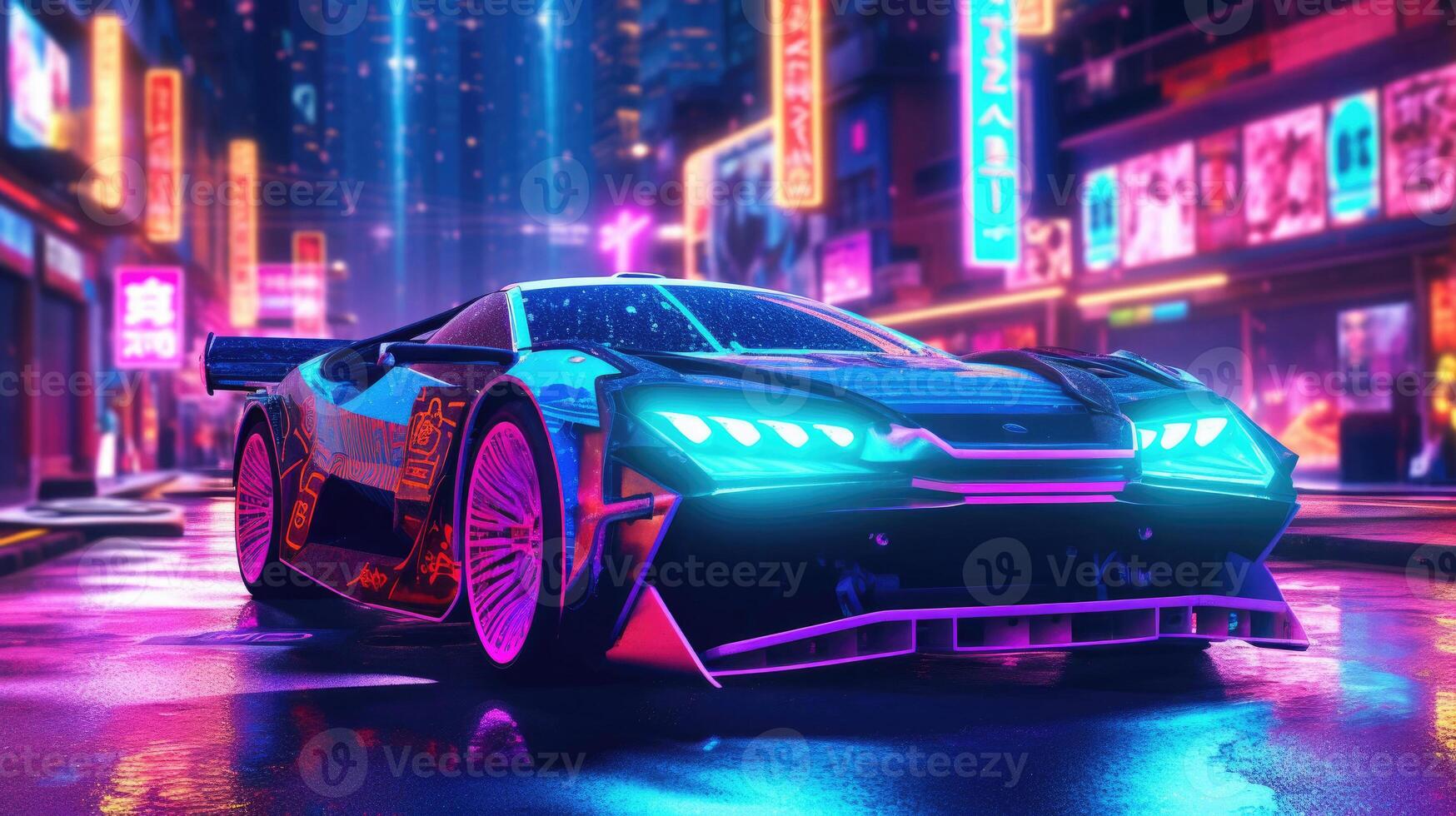 futuristische sport auto met neon lichten Bij cyberpunk stad straat. generatief ai foto