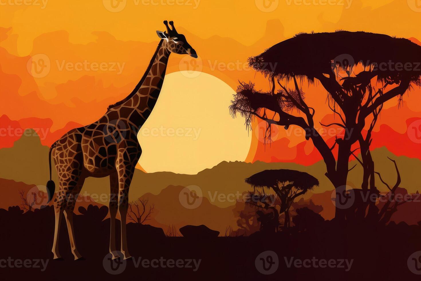 silhouet van Afrikaanse dieren. giraffe Bij zonsondergang in de buurt bomen. generatief ai foto