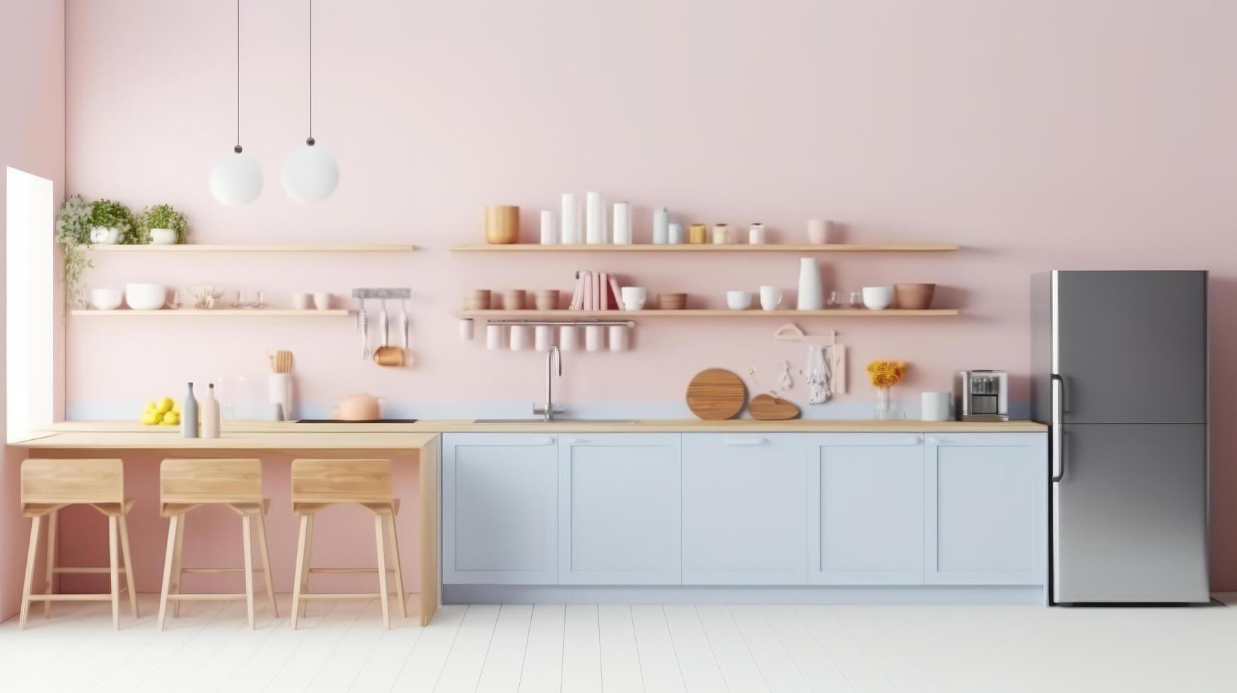 modern keuken in pastel kleuren. illustratie ai generatief foto