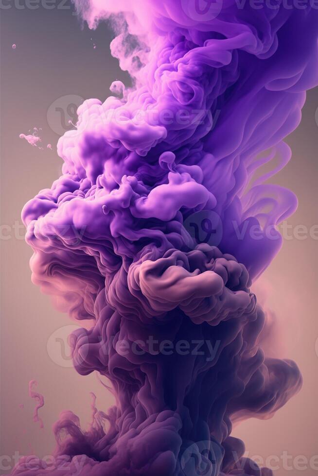 generatief ai, vloeiende lavendel paars vloeistof en rook met spatten. helder vloeistof banier, 3d effect, modern macro realistisch abstract verticaal achtergrond illustratie, inkt in water effect. foto