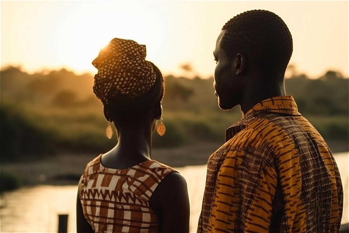 terug visie van jong Afrikaanse paar op zoek Bij elk andere Aan de strand. generatief ai. foto