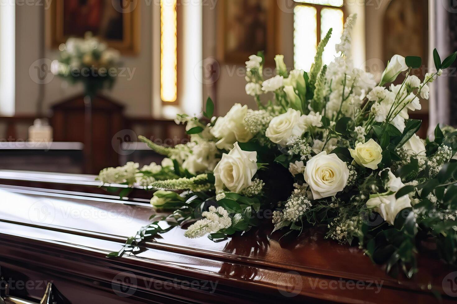 een lijkkist met een bloem arrangement in kerk. generatief ai. foto