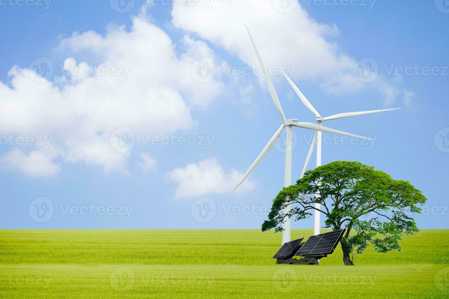 milieu concepten schoon energie, wind turbines, zonne- cellen en bomen foto