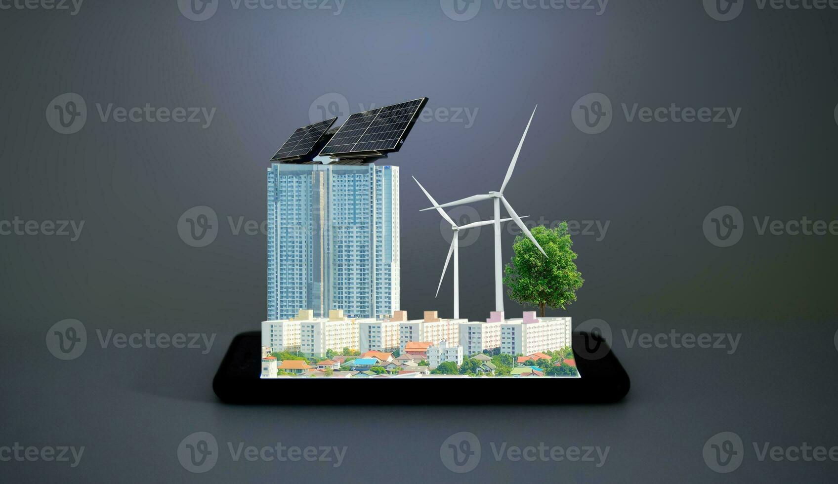 schoon energie in de stad van zonne- cellen en wind turbines Aan smartphones foto