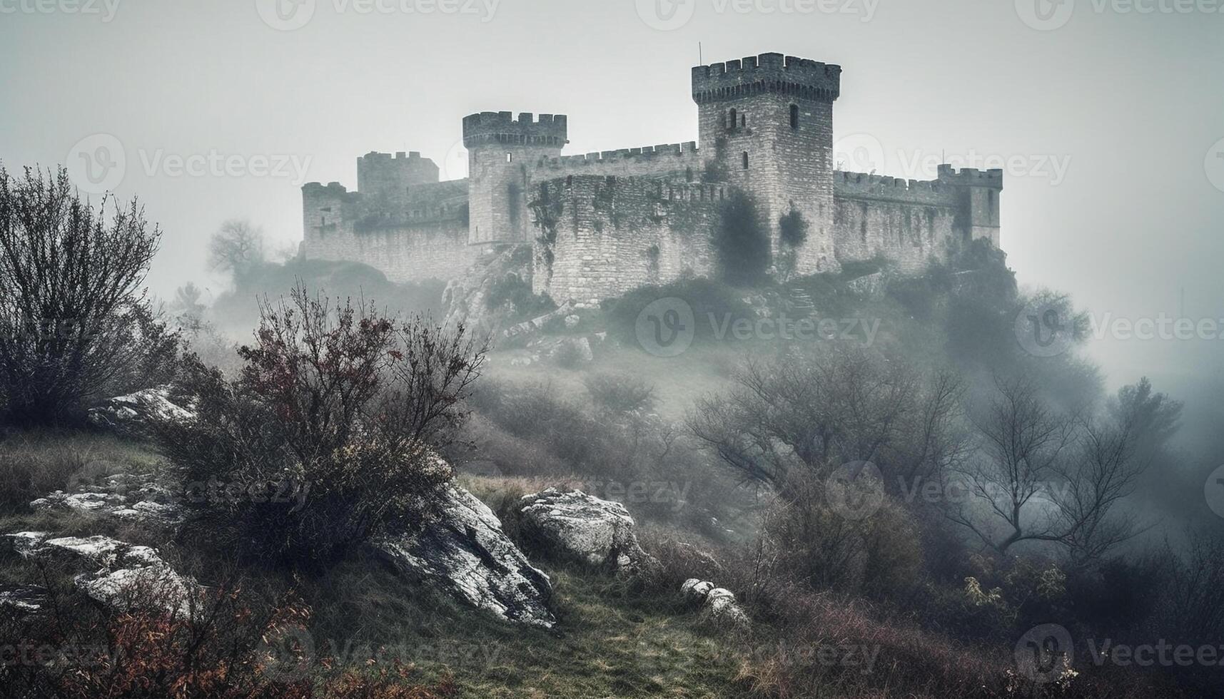 oude geruïneerd architectuur omringd door mist in een spookachtig landschap gegenereerd door ai foto