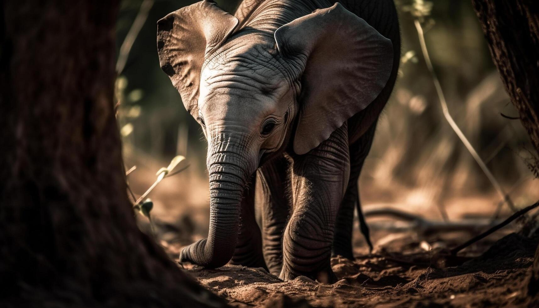 rustig zonsondergang in Afrikaanse wildernis, groot olifant wandelen in voorgrond gegenereerd door ai foto