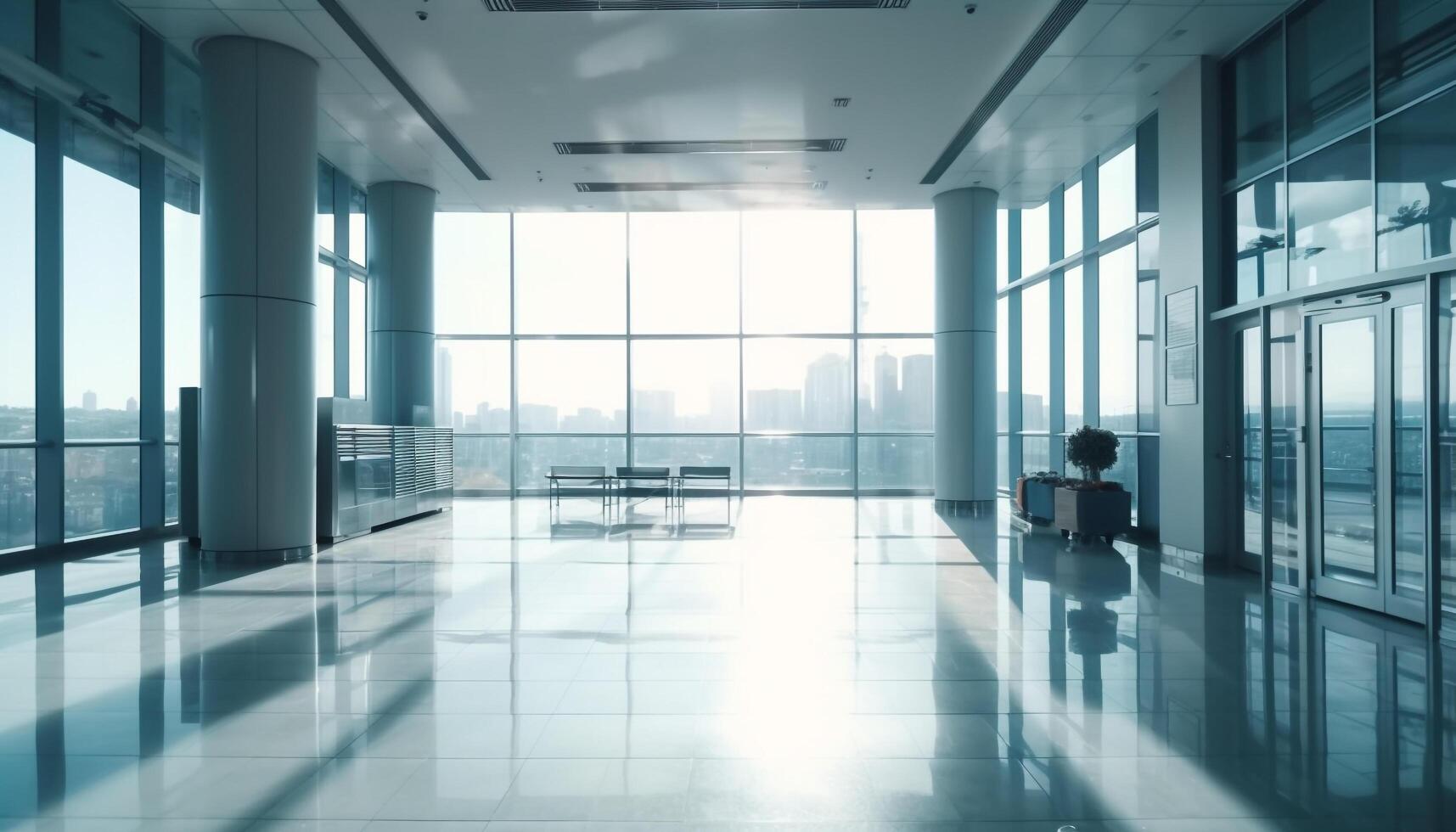 futuristische kantoor lobby met glas muren en schoon vloeren gegenereerd door ai foto