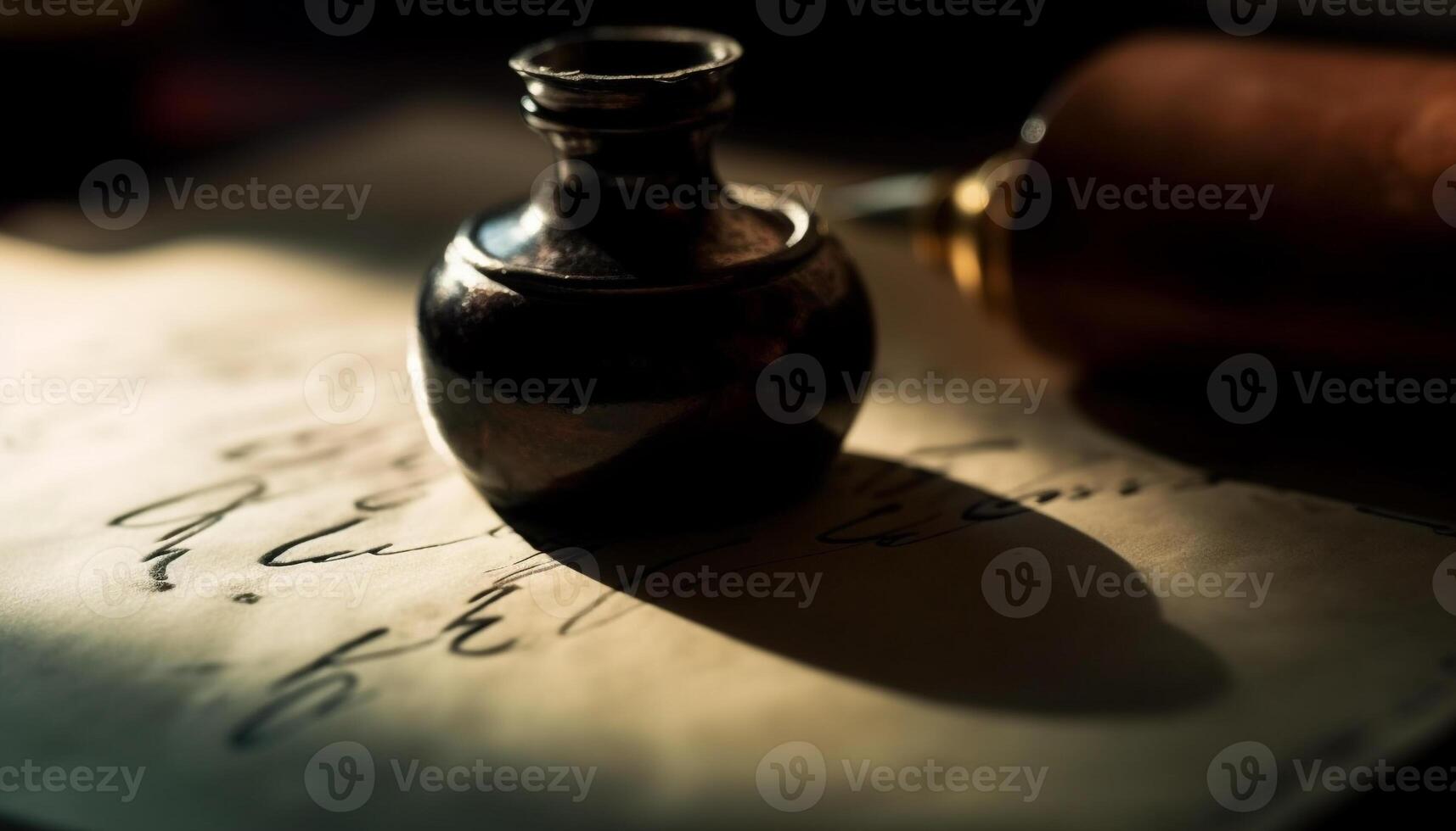 antiek schacht pen Aan houten tafel, inktpot en manuscript achtergrond gegenereerd door ai foto