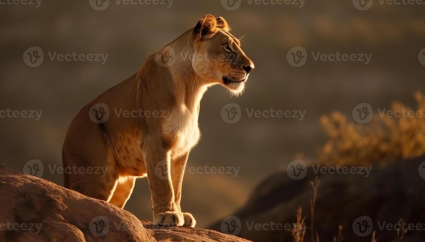 majestueus leeuwin wandelen in de wildernis, aan het kijken de zonsondergang gegenereerd door ai foto