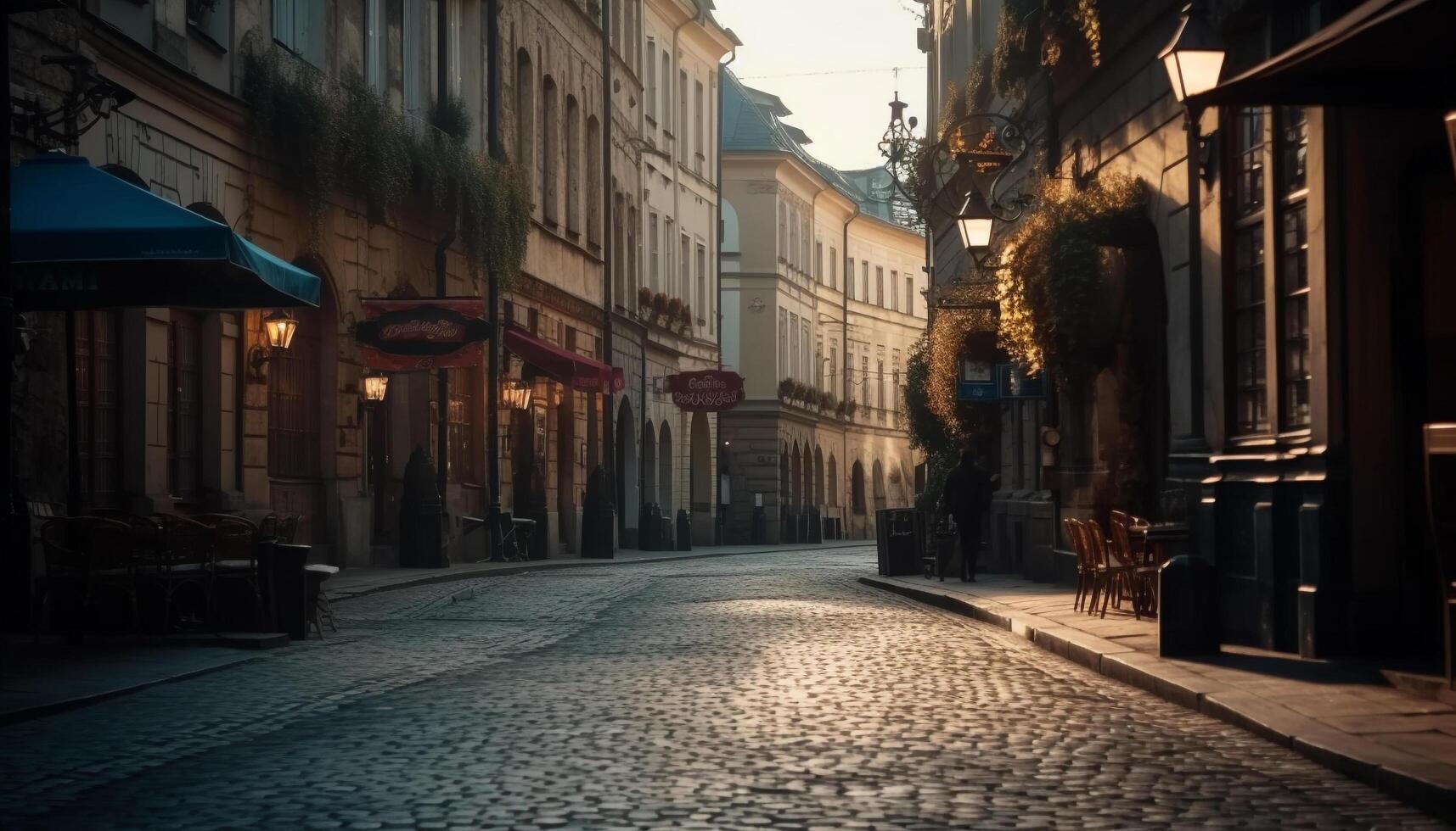 middeleeuws stadsgezicht verlichte door oud fashioned lantaarns Bij schemer gegenereerd door ai foto