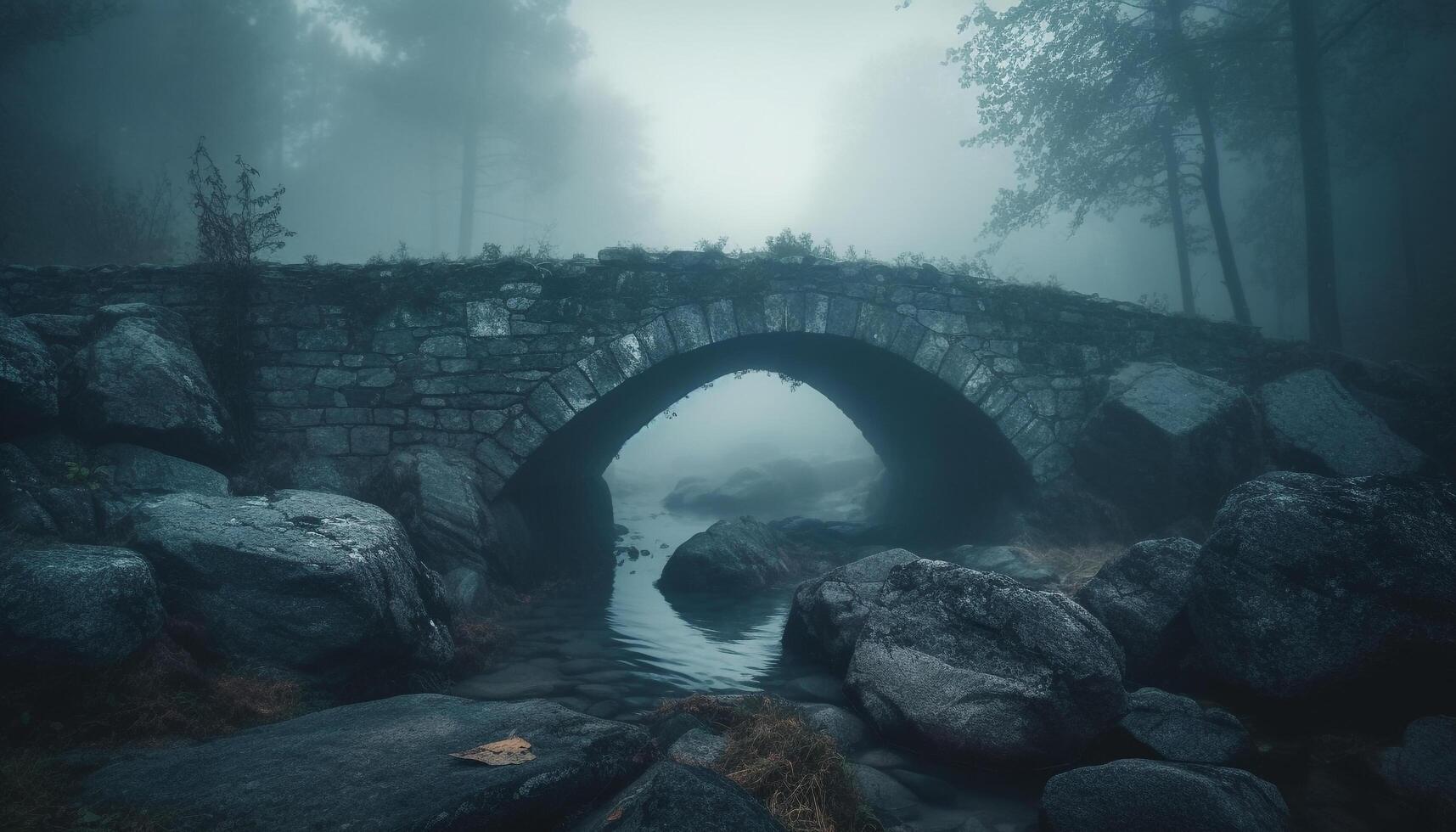 oude geruïneerd brug over- spookachtig ravijn in donker Woud gegenereerd door ai foto