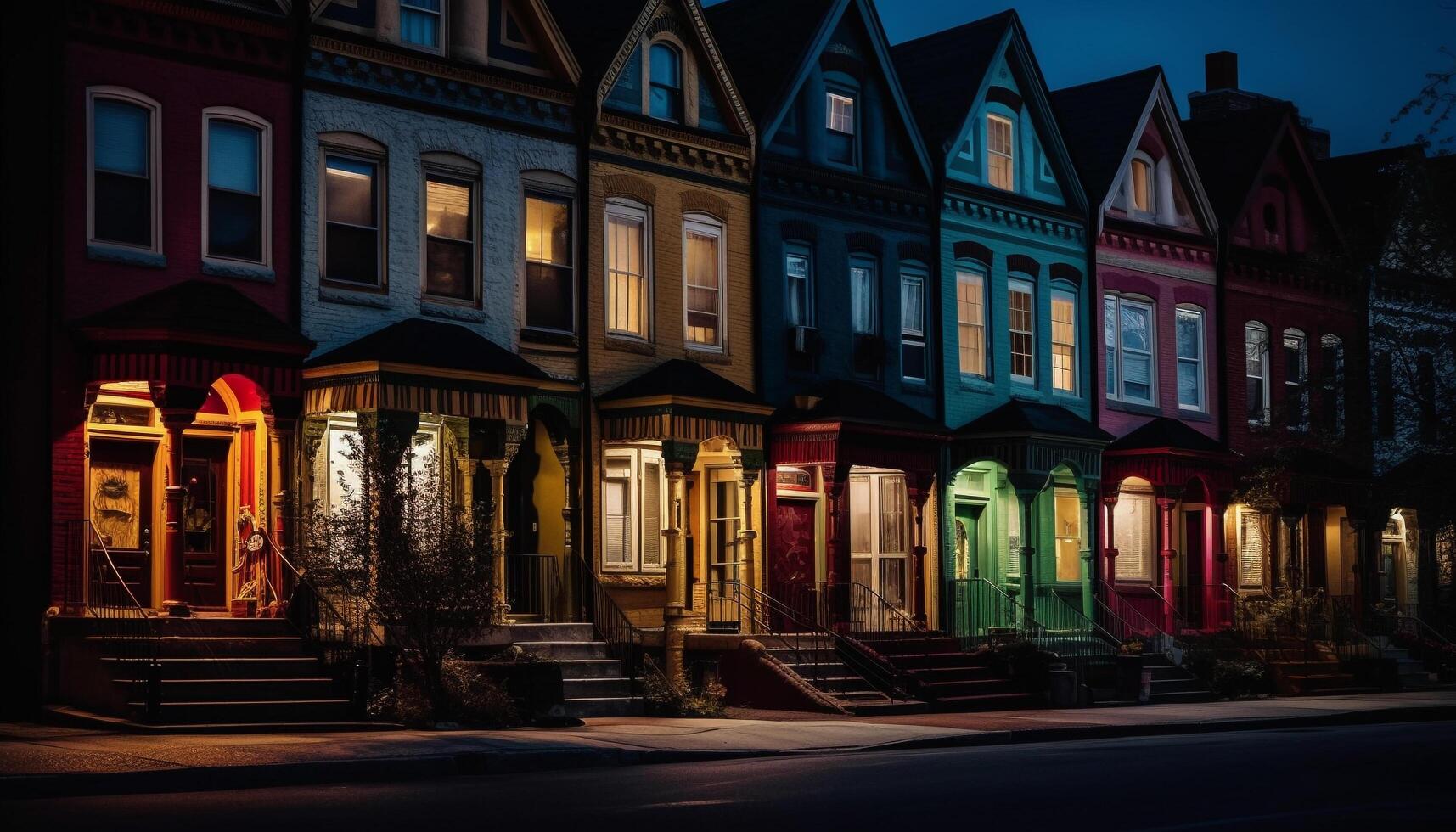 levendig gekleurde lantaarns verlichten beroemd stad straat Bij schemering gegenereerd door ai foto