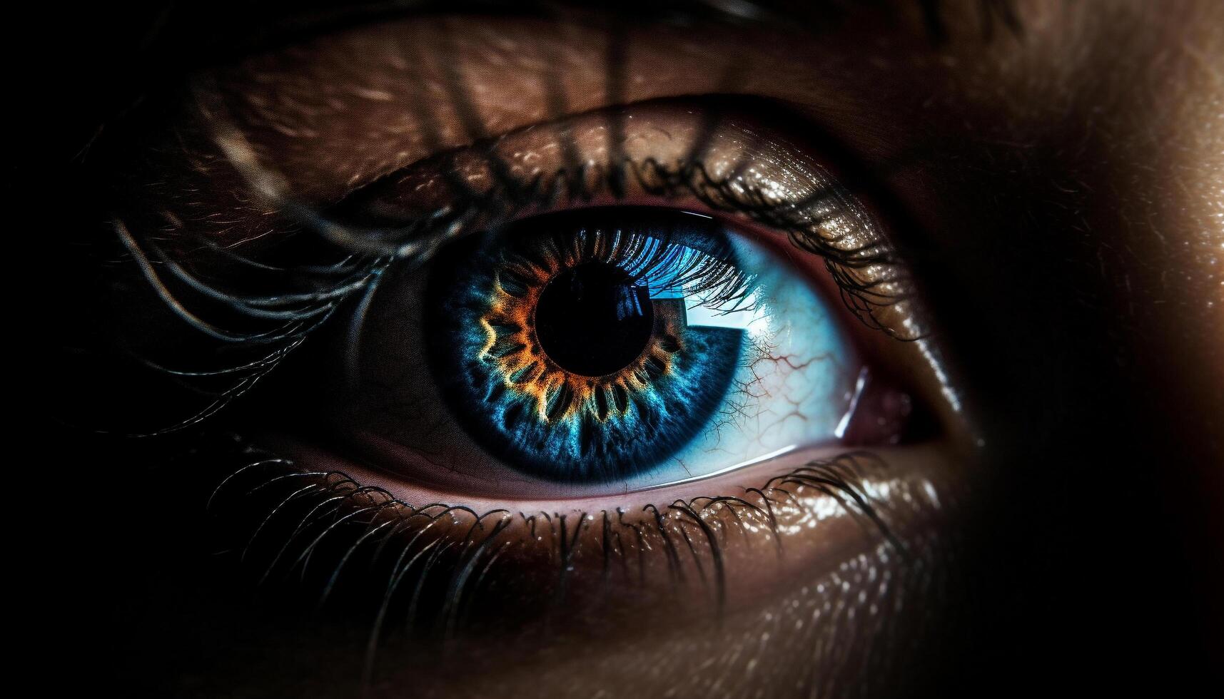 dichtbij omhoog van jong volwassen blauw oog staren Bij camera gegenereerd door ai foto