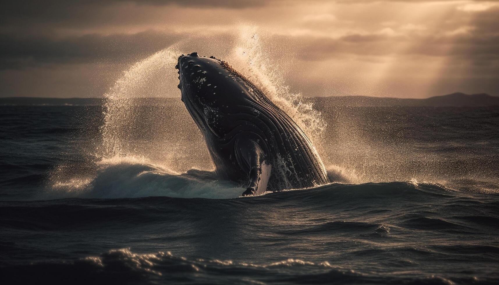 de majestueus gebochelde walvis schendingen in de blauw zee verstuiven gegenereerd door ai foto