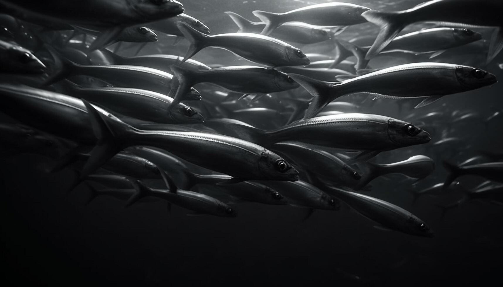 een school- van makreel zwemmen in de donker onderwater- ecosysteem gegenereerd door ai foto